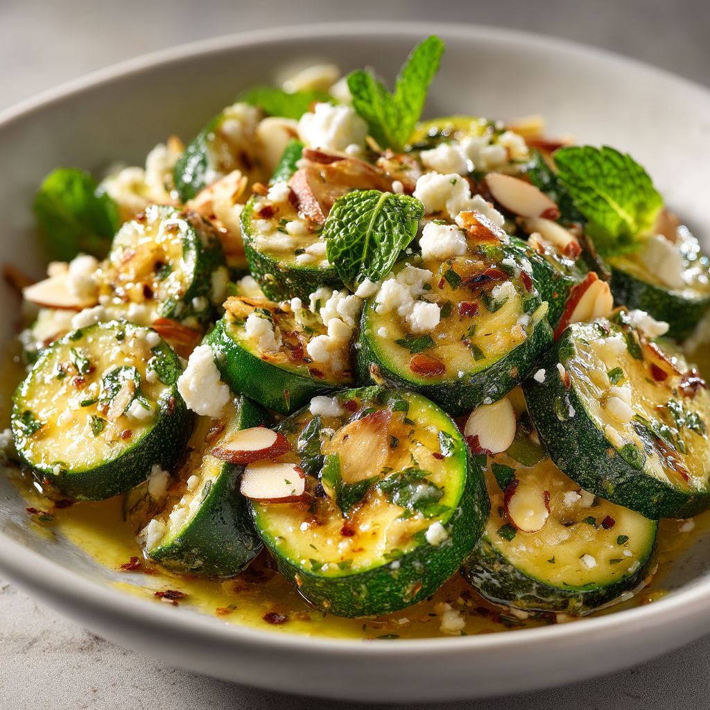 Une assiette de courgettes à la féta, aux amandes et à la menthe.