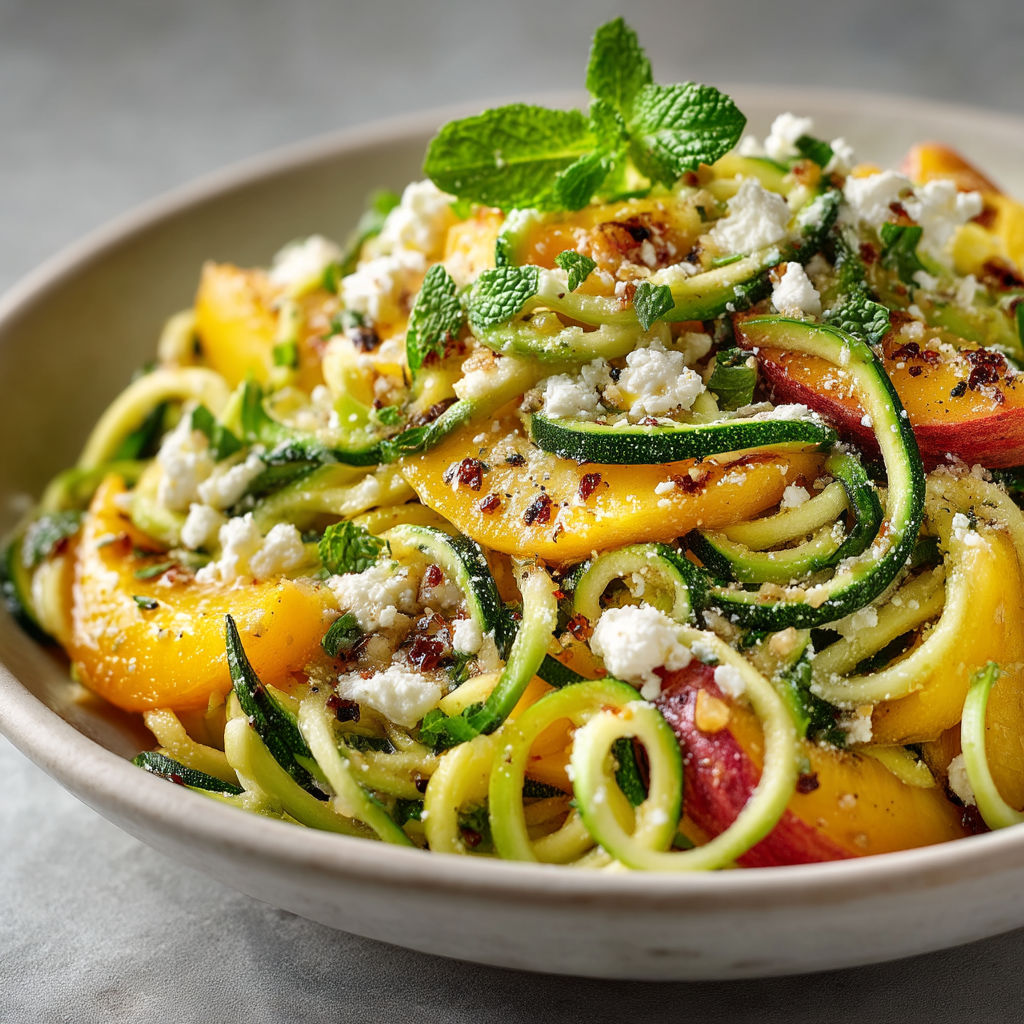 Une assiette de noodles avec des tomates, des zucchini et des herbes.