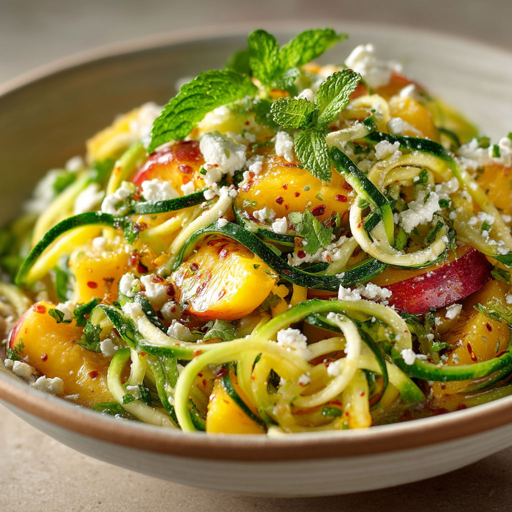 Une assiette de salade contenant des légumes verts, des tomates, des zucchini et des herbes.