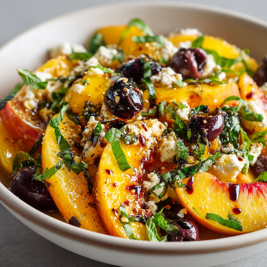 Salade de nectarines, feta, basilic et olives.
