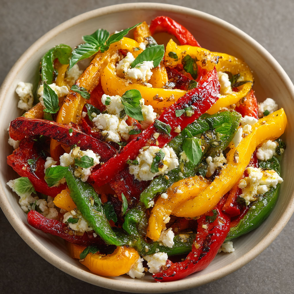 Salade de poivrons grillés, féta et basilic.