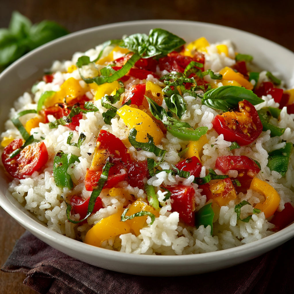 Une assiette de riz avec des tomates et des herbes.