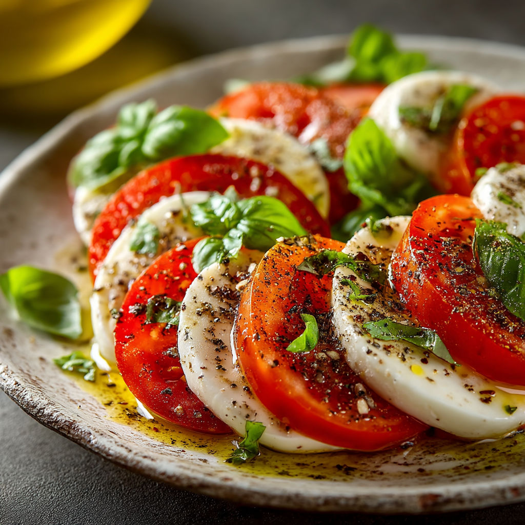 Salade Caprese : tomate, mozzarella, basilic.