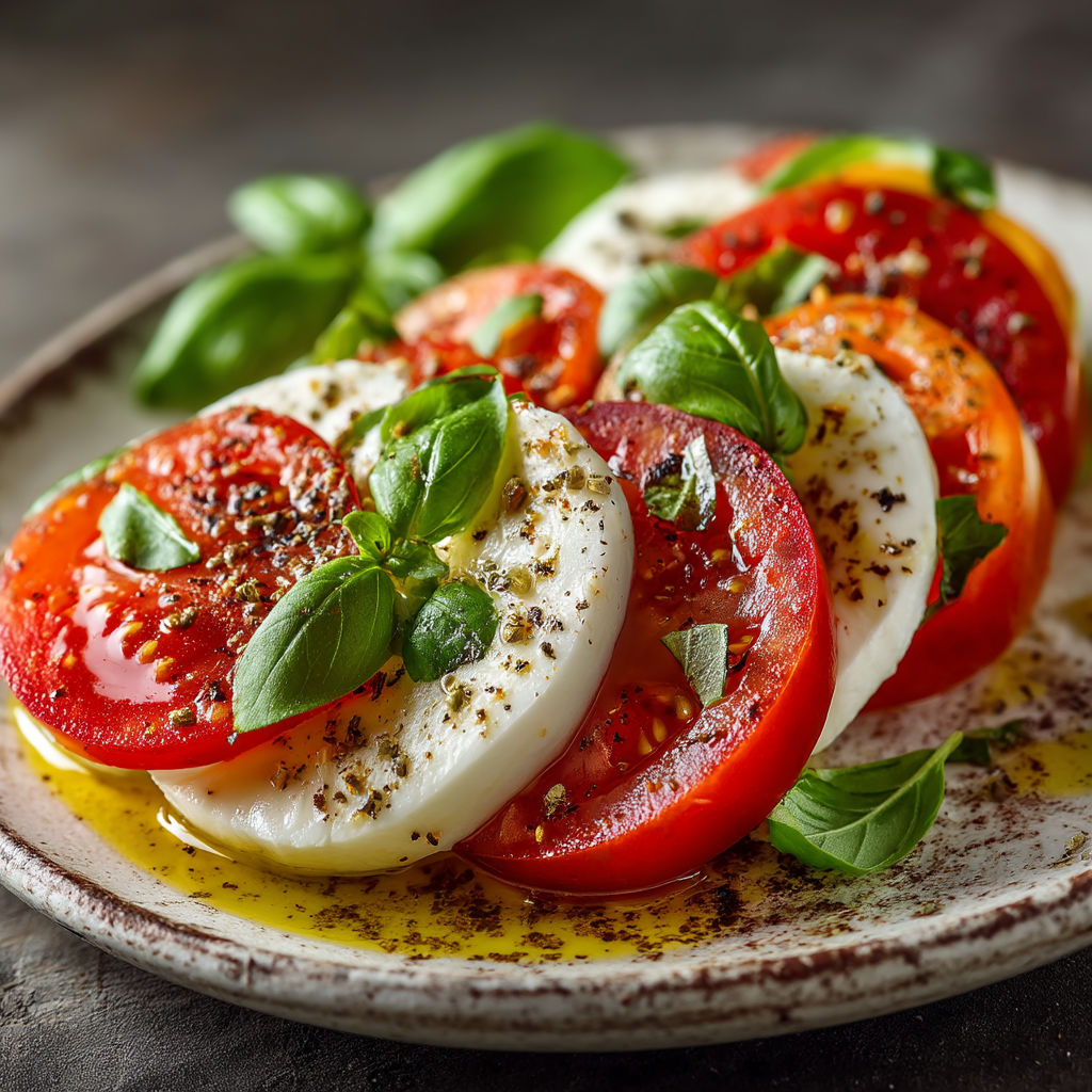 Salade Caprese : tomate, mozzarella, basilic.