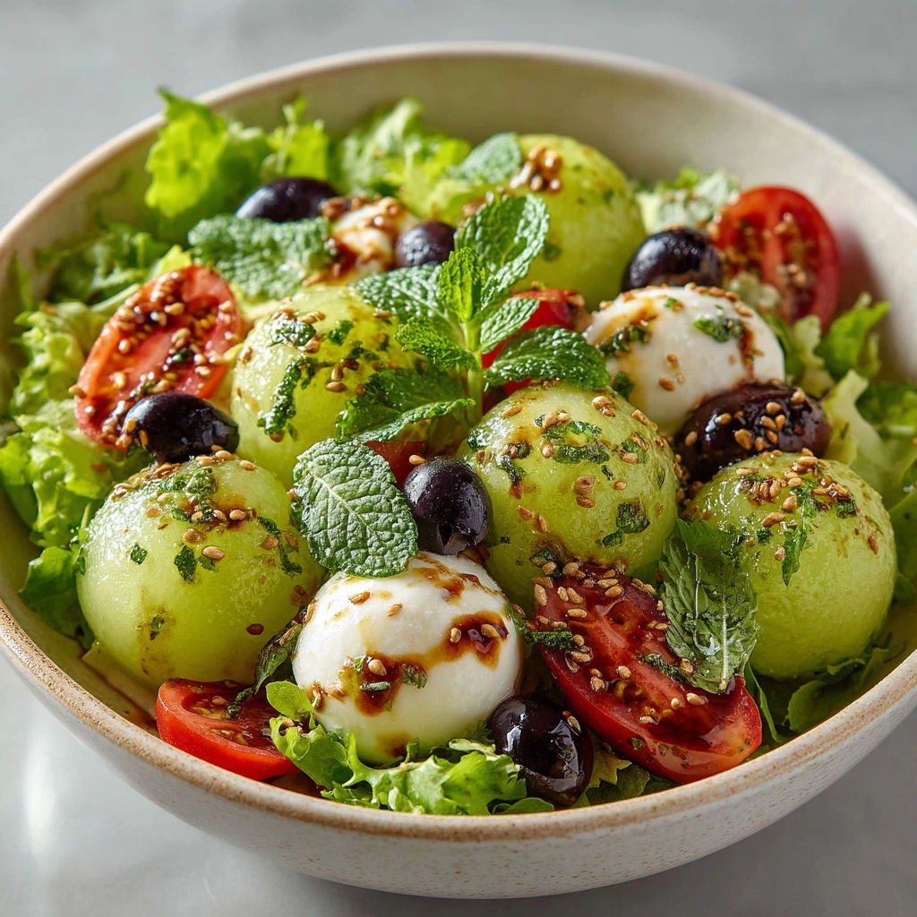 Salade fraicheur au melon, à la mozzarella et à l'avocat.