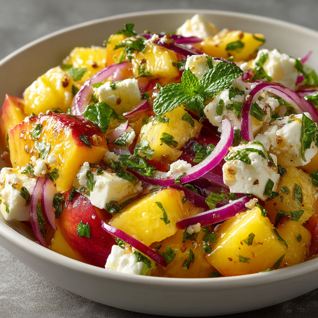 Salade de nectarines, feta, menthe et oignon rouge.