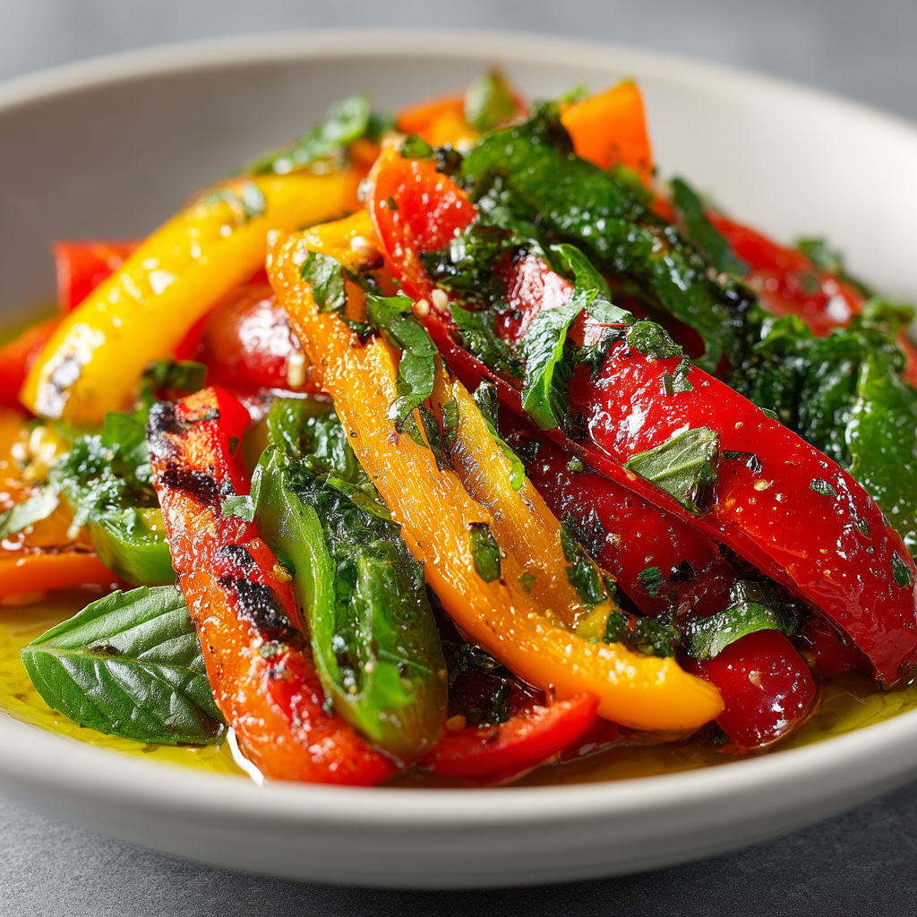 Une assiette de légumes colorés, y compris des poivrons, des oignons et des carottes, est servie sur une table.