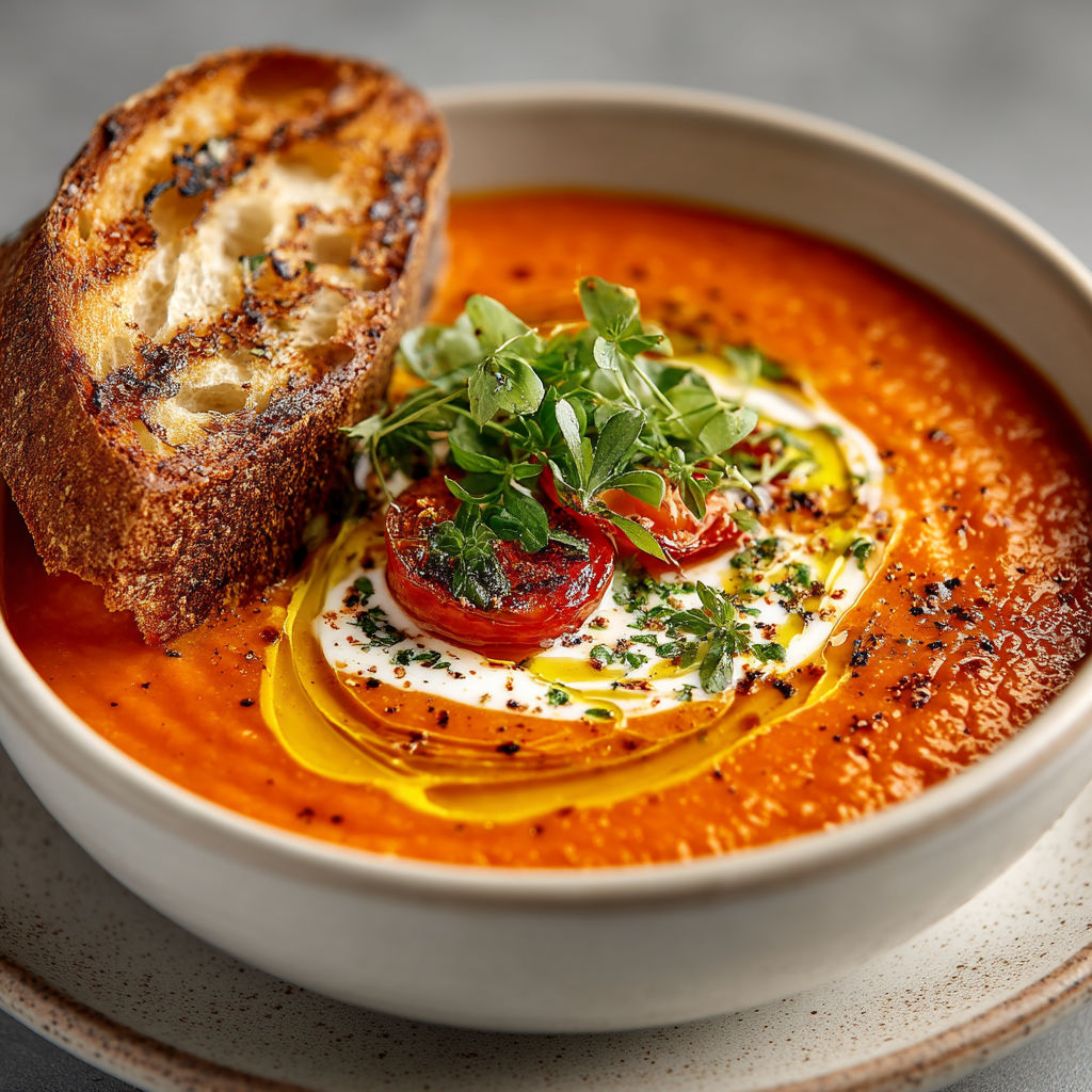 Une soupe chaude avec des légumes et du pain grillé.
