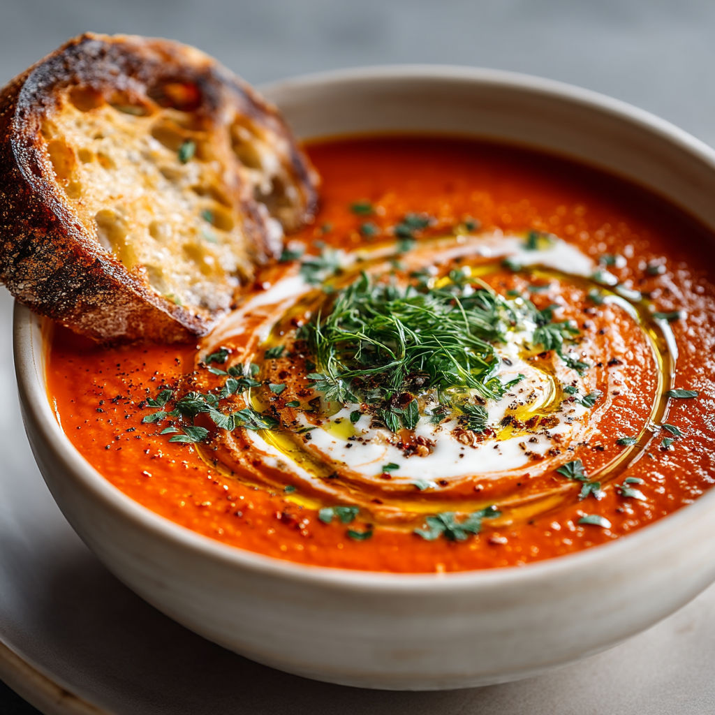 Une soupe chaude avec des herbes et des tranches de pain.