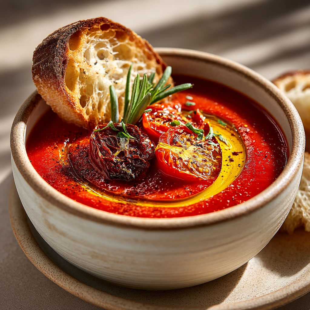 Une soupe de tomates rôties avec du pain et du fromage.