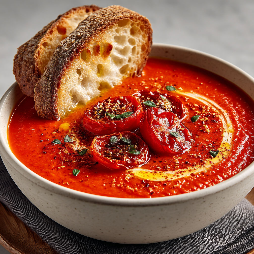 Une soupe chaude avec des tomates et du pain grillé.