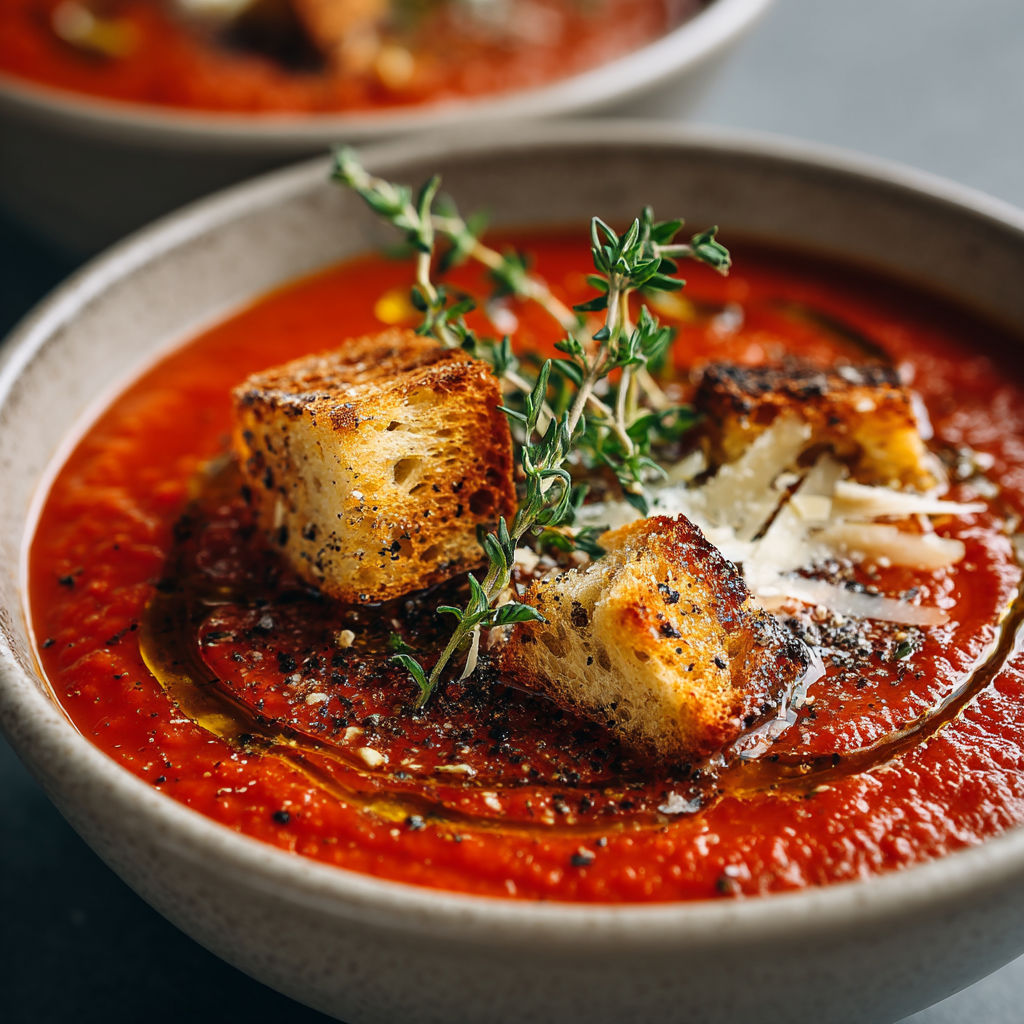 Une soupe chaude avec des tranches de pain grillé et des herbes.