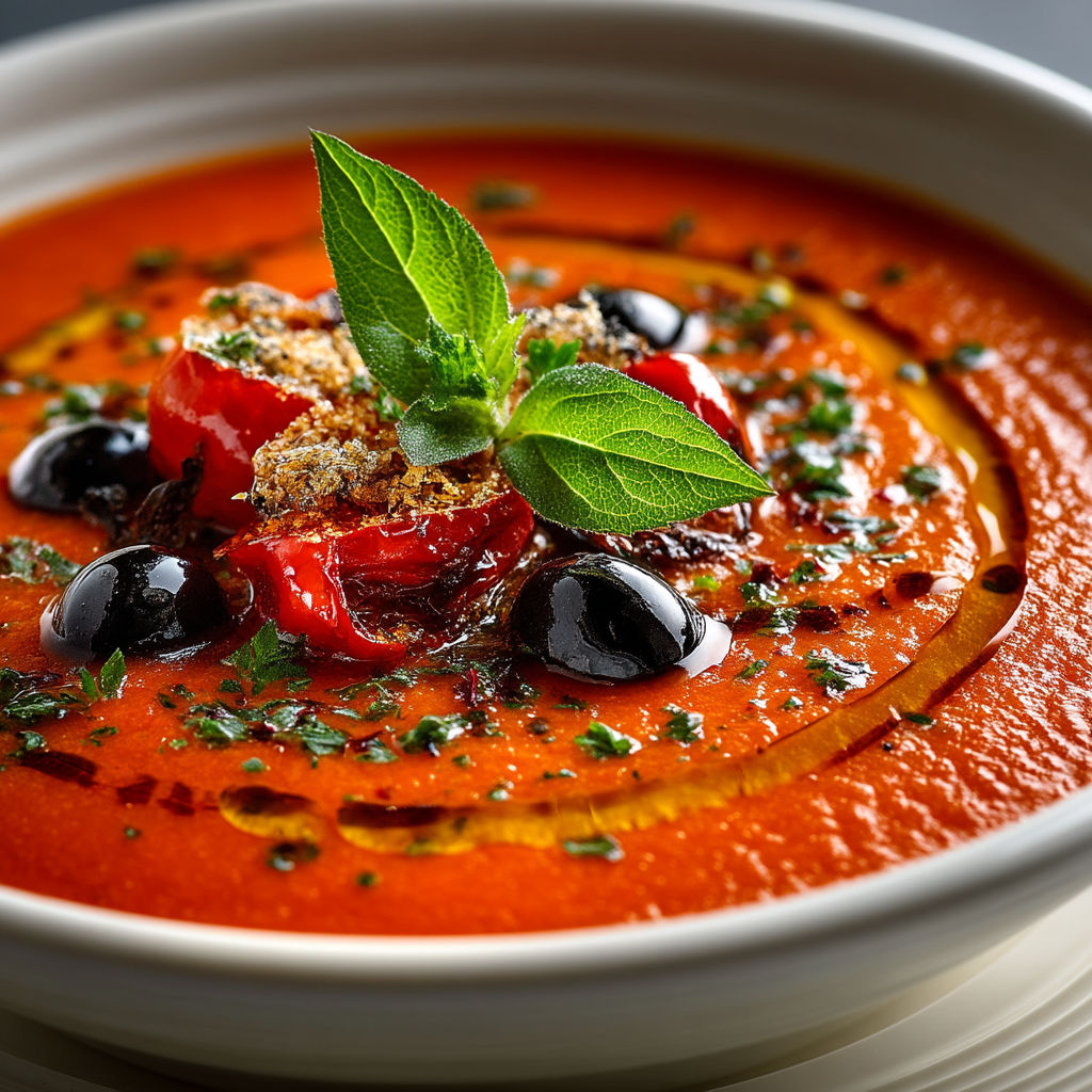 Soup with red peppers and olives.