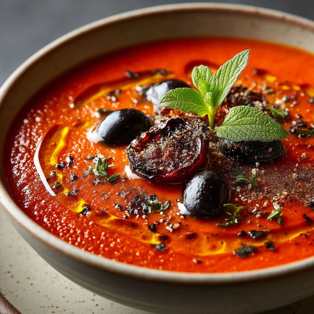 Soup with black olives and mint.