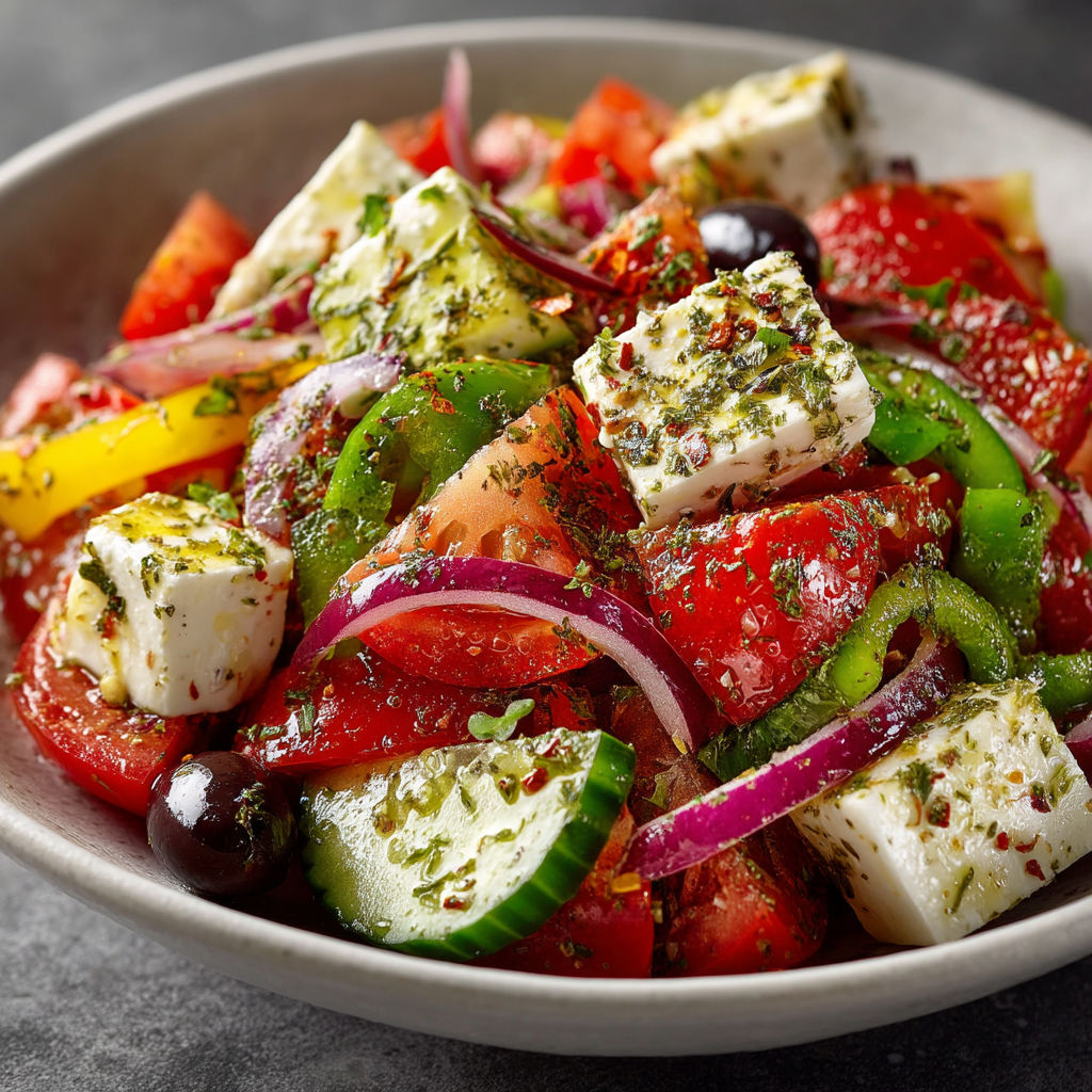 Salade de tomates, concombre, origan et feta.