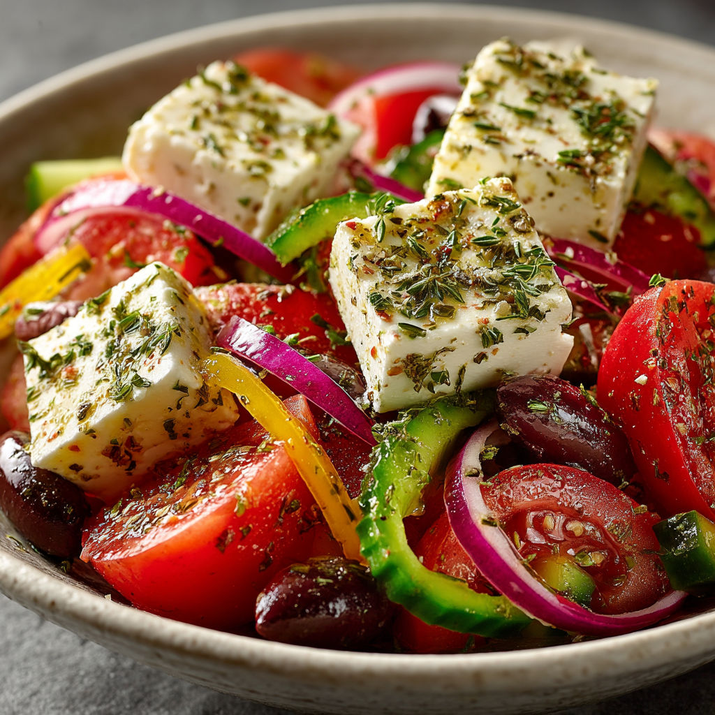Salade de tomates, concombre et origan avec du feta.