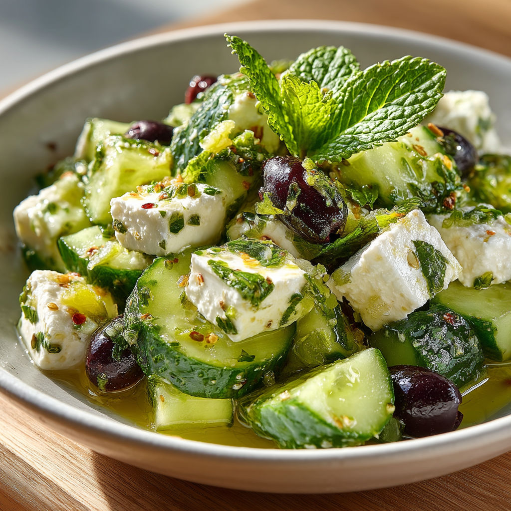 Salade de concombre avec des feta et menthe.
