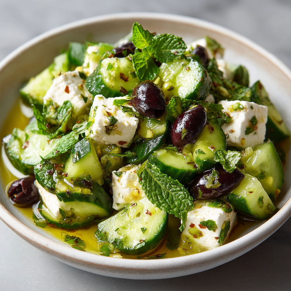 Une assiette de salade composée de cucumbers, de feta et de menthe.