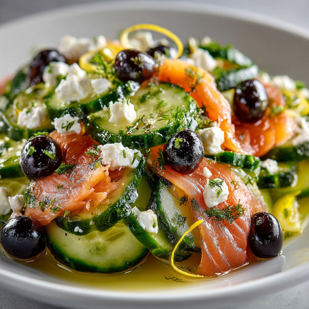 Salade de concombre, saumon fumé, féta, olives noires.