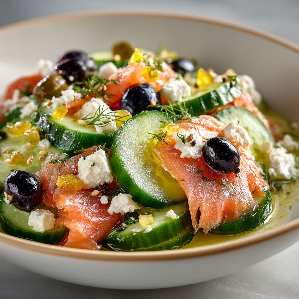 Une salade de fruits et de poisson avec des olives.