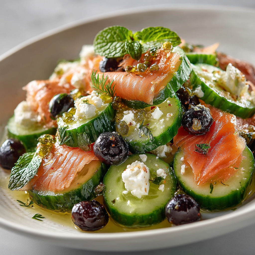 Une assiette de fruits et de poisson avec des herbes vertes.