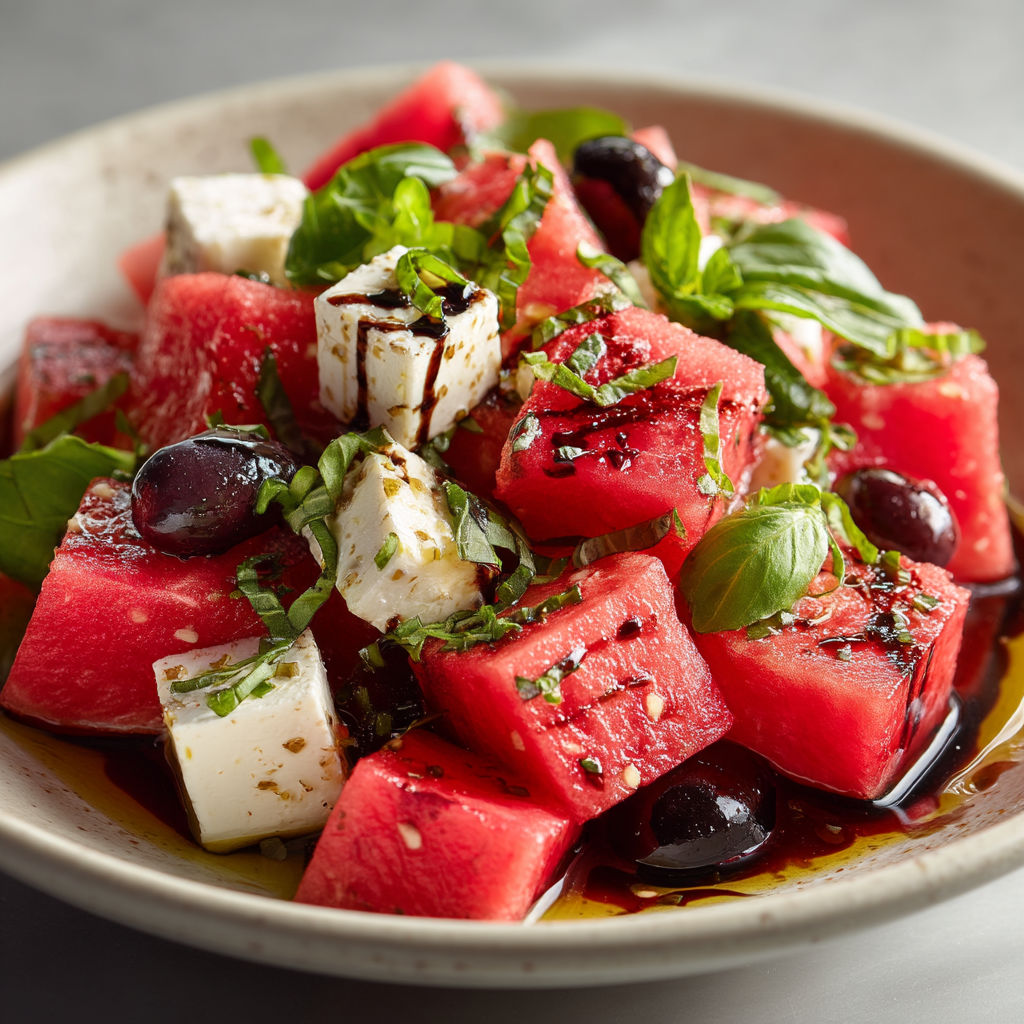 Salade de pastèque, féta, basilic et olives noires.