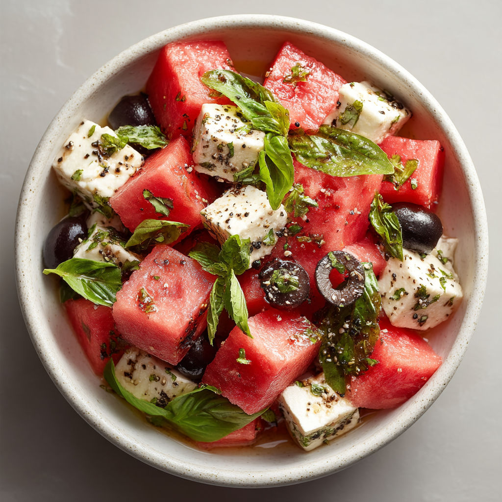 Une salade de fruits de mer avec des tomates, des oignons, des olives et des herbes.