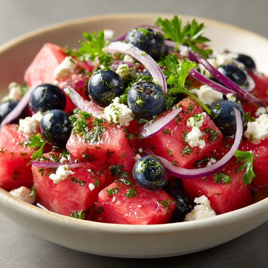 Salade de pastèque, myrtilles, féta et oignon rouge.
