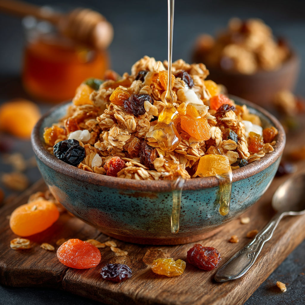 Un bol contenant des granola avec du miel.