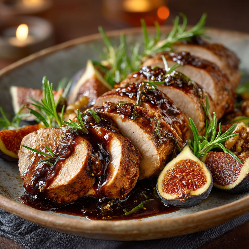 Un plat de viande grillée avec des fruits et des herbes.