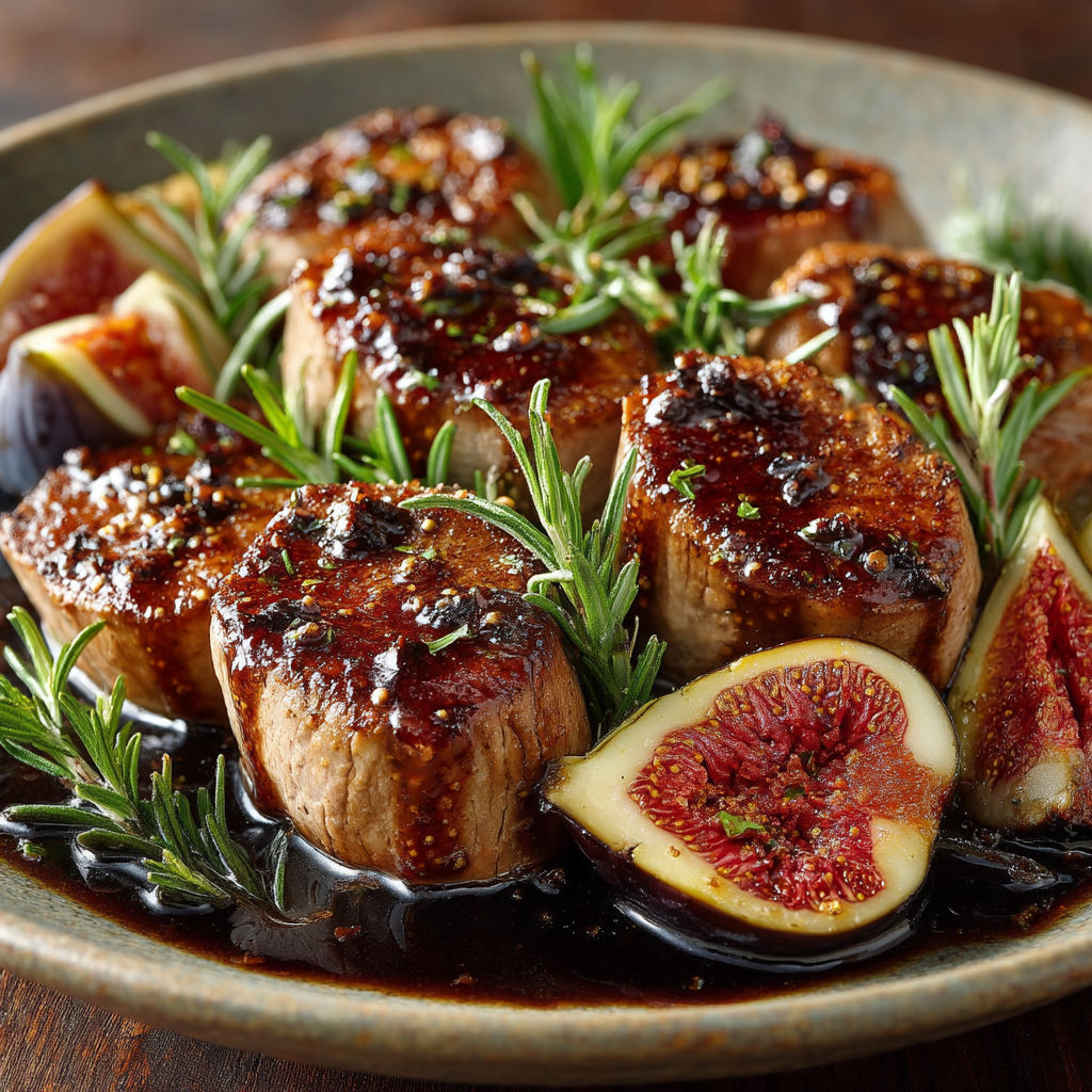 Un plat de viande avec des fruits et des herbes.