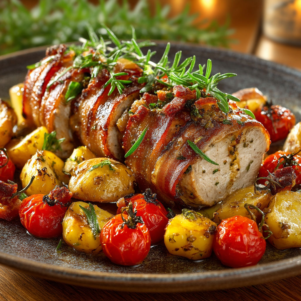 Filet mignon à l'italienne : pommes de terre, lard fumé et tomates cerises.