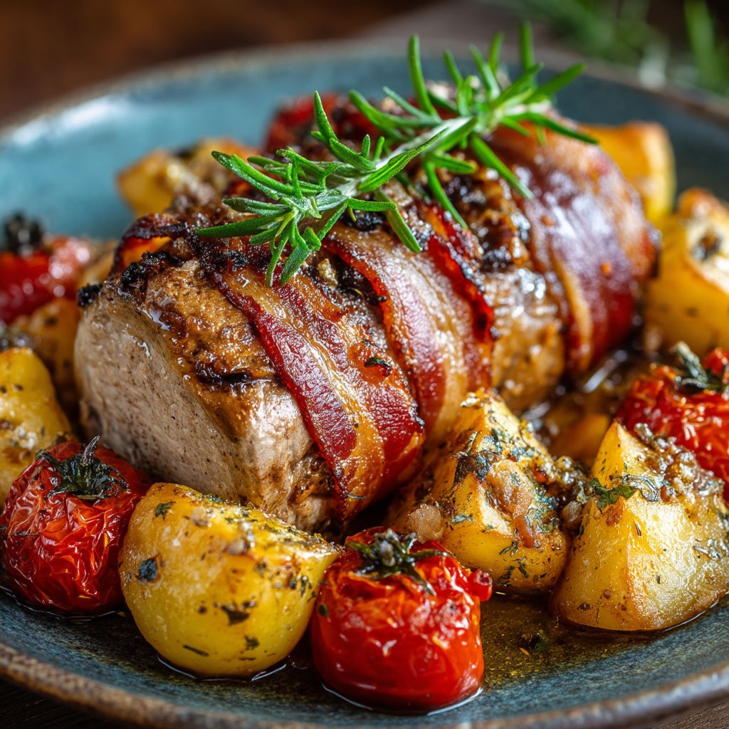 Une viande grillée avec des légumes et des herbes.