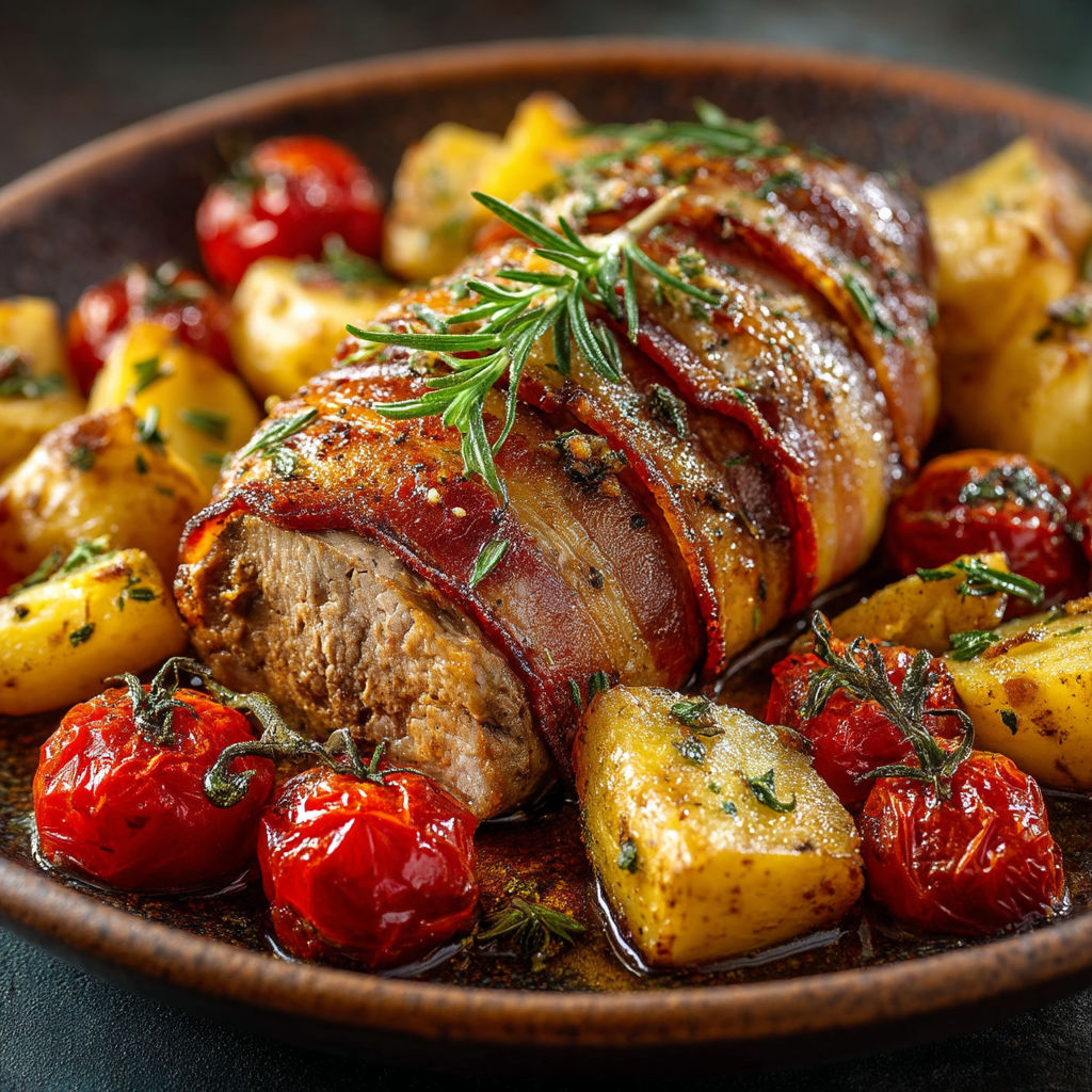 Une viande grillée avec des légumes et des herbes.