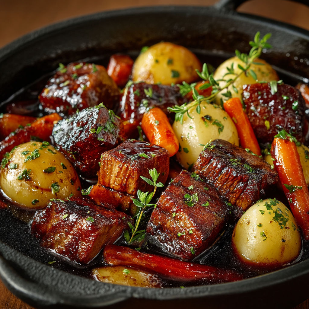 Une casserole de viande et légumes, avec des carottes, des pommes de terre et des légumes verts.