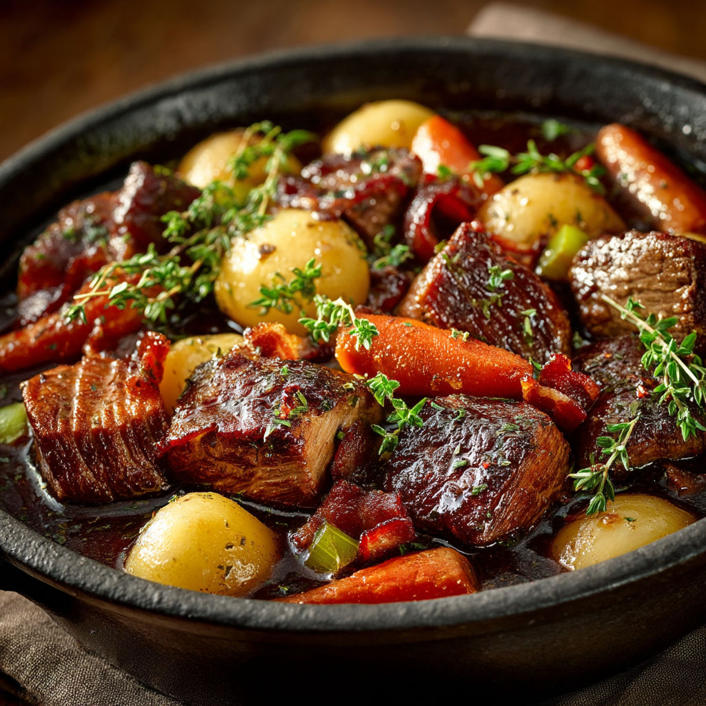 Une casserole de viande avec des carottes et des herbes.