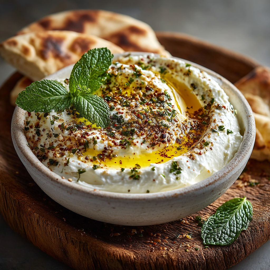 Une assiette de hummus avec des herbes vertes.