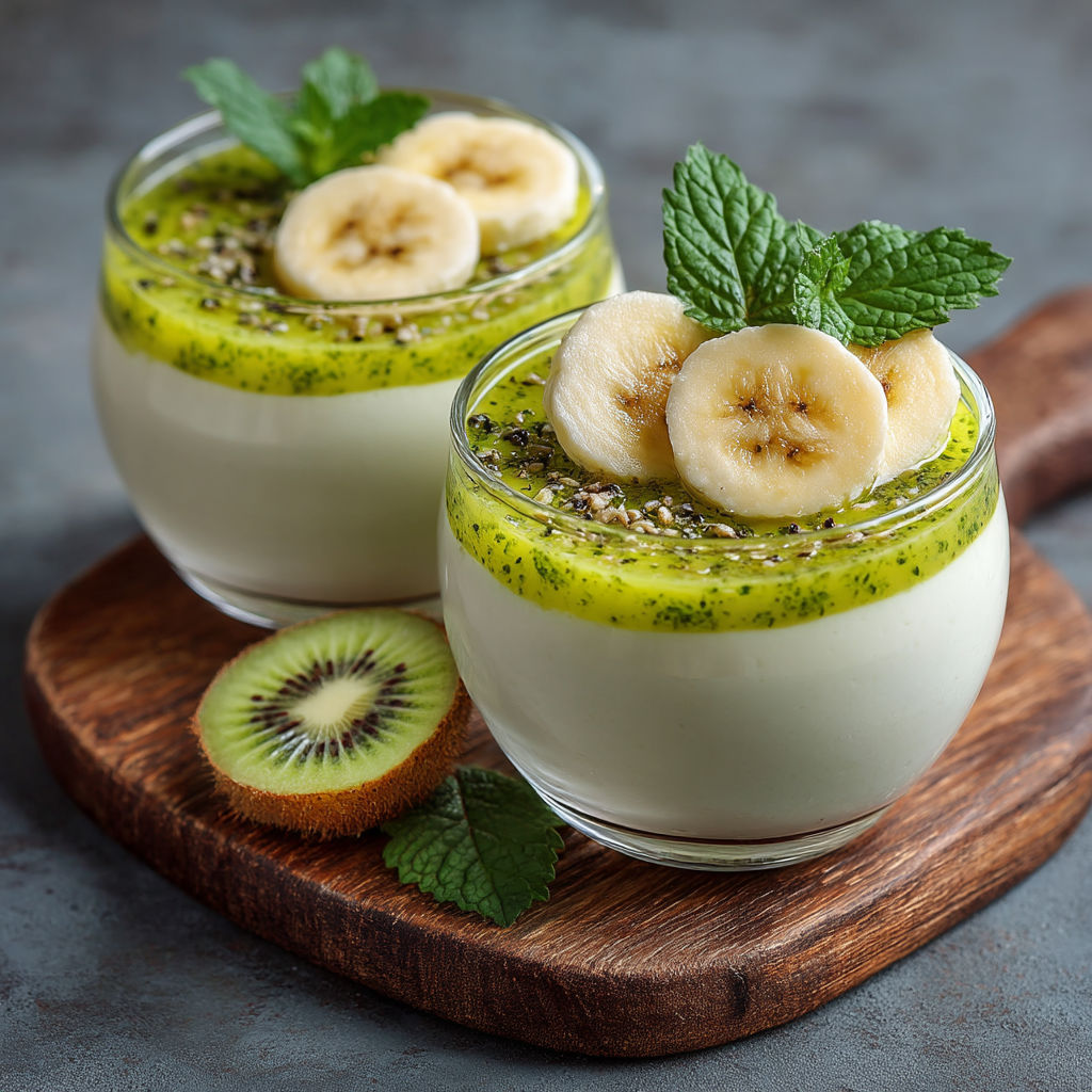 Crèmes lait de coco, kiwis, bananes, sans oeufs sans gluten.