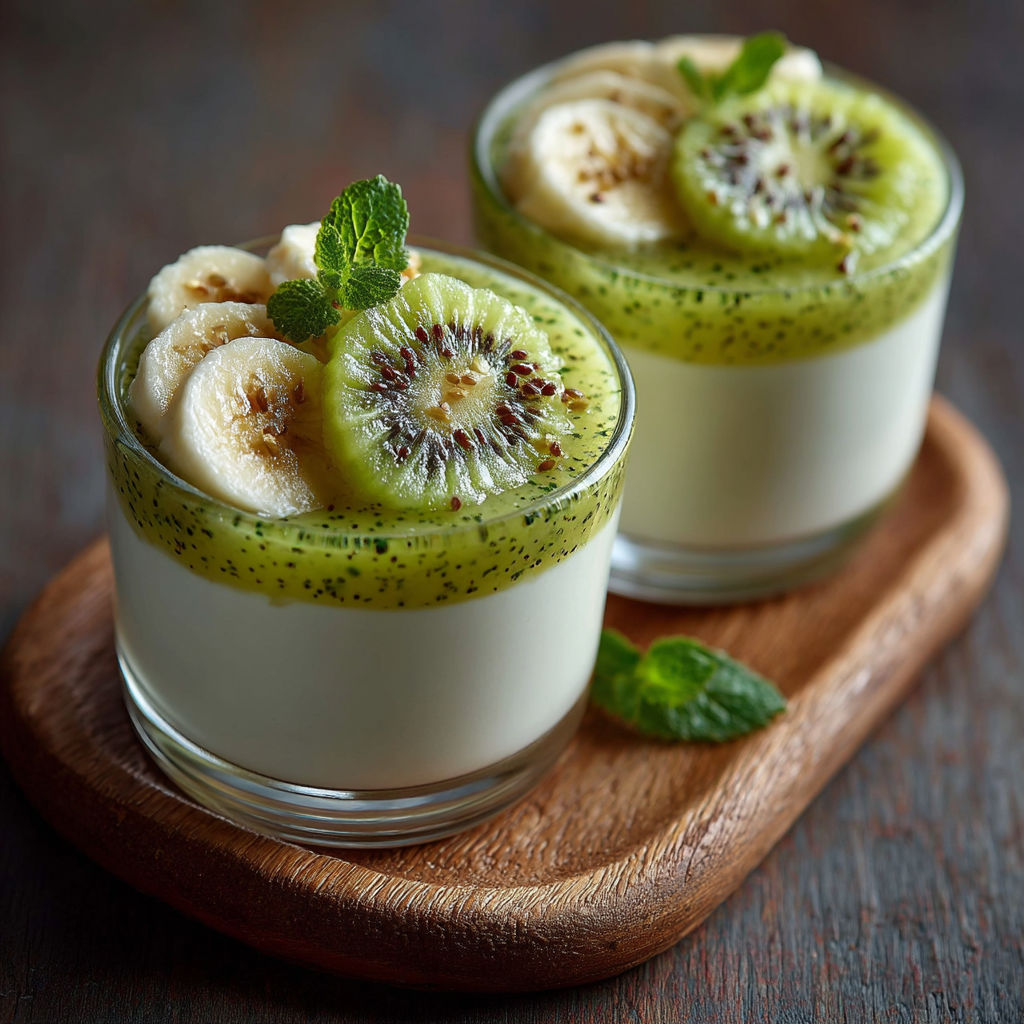 Crèmes lait de coco, kiwis, bananes, sans oeufs sans gluten.