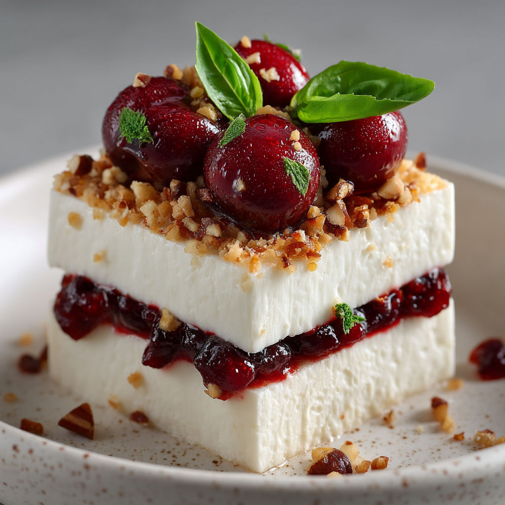 Millefeuille de pannacotta aux cerises sans oeufs ni gluten.