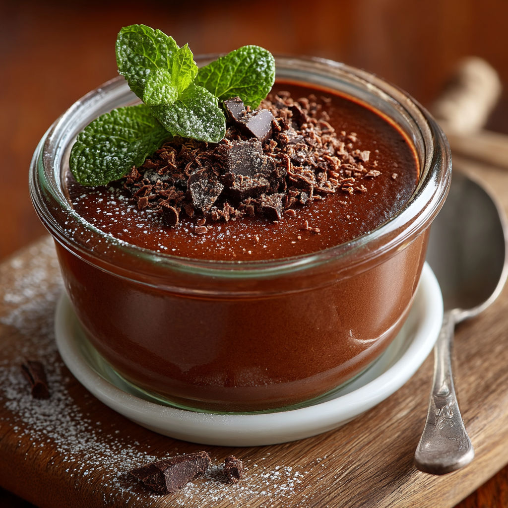 Une portion de pannacotta au chocolat sans oeufs et sans gluten.
