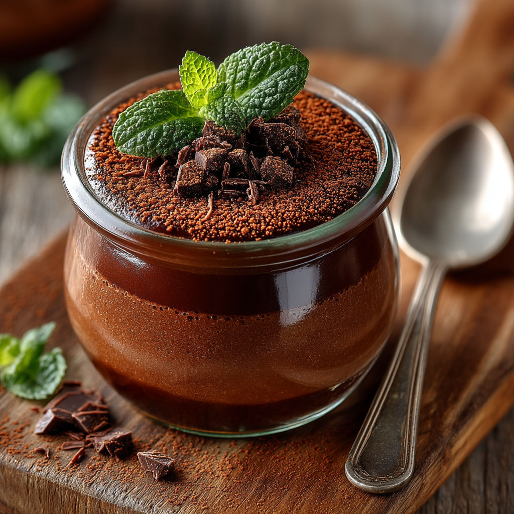 Une portion de pannacotta au chocolat sans oeufs et sans gluten.