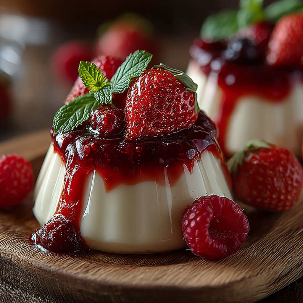 Pannacotta au lait de coco et aux fruits rouges.