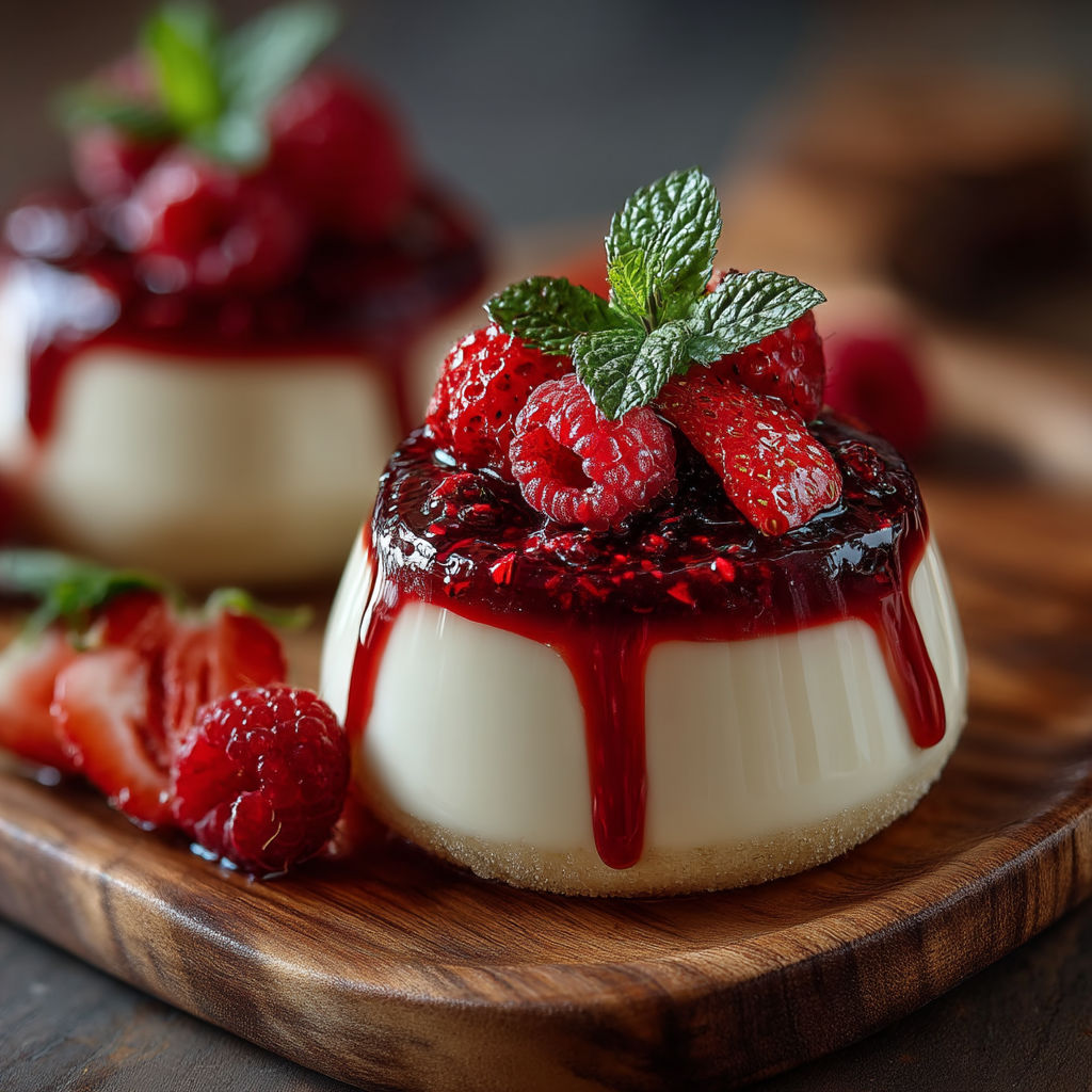 Pannacotta au lait de coco et aux fruits rouges.