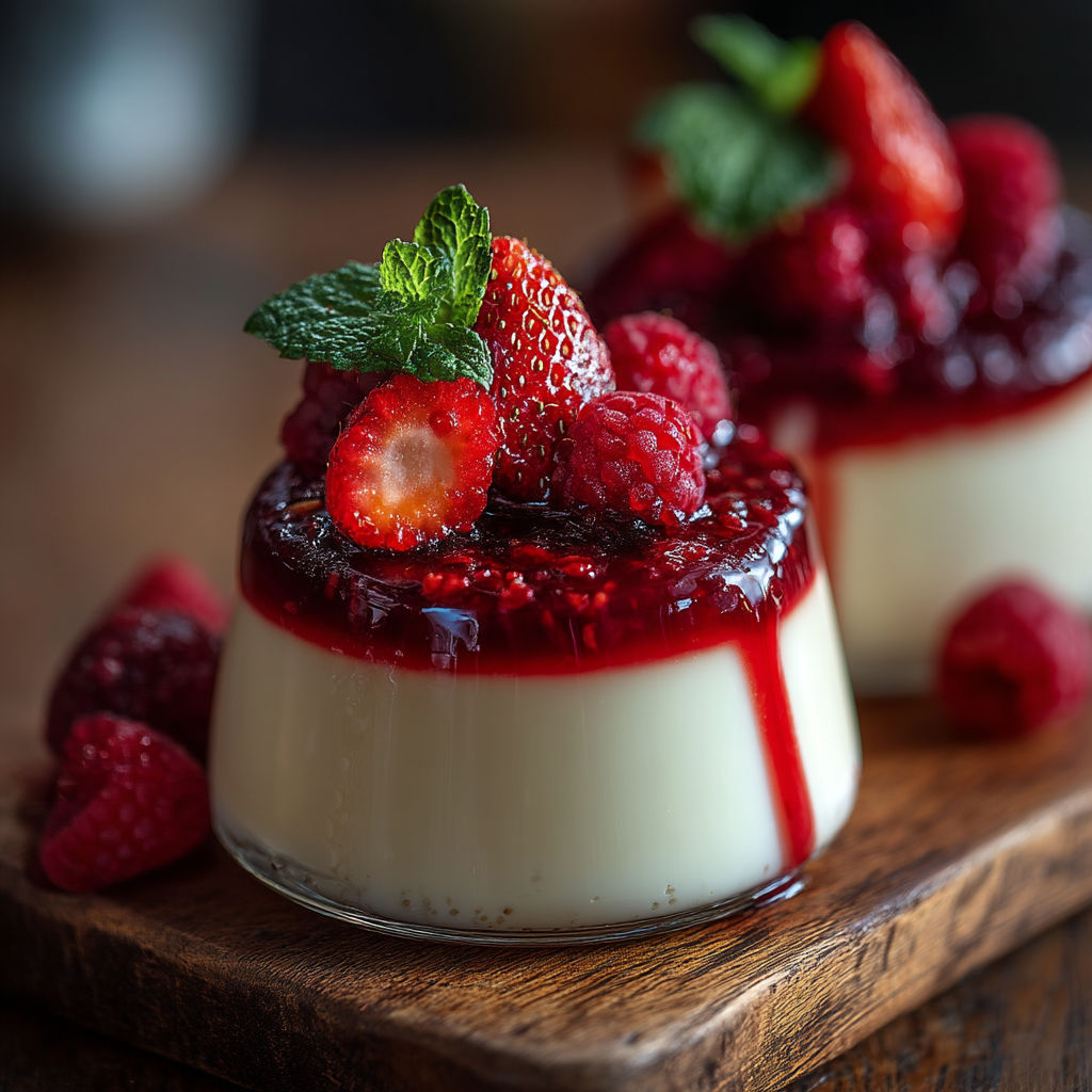 Pannacotta au lait de coco et aux fruits rouges.