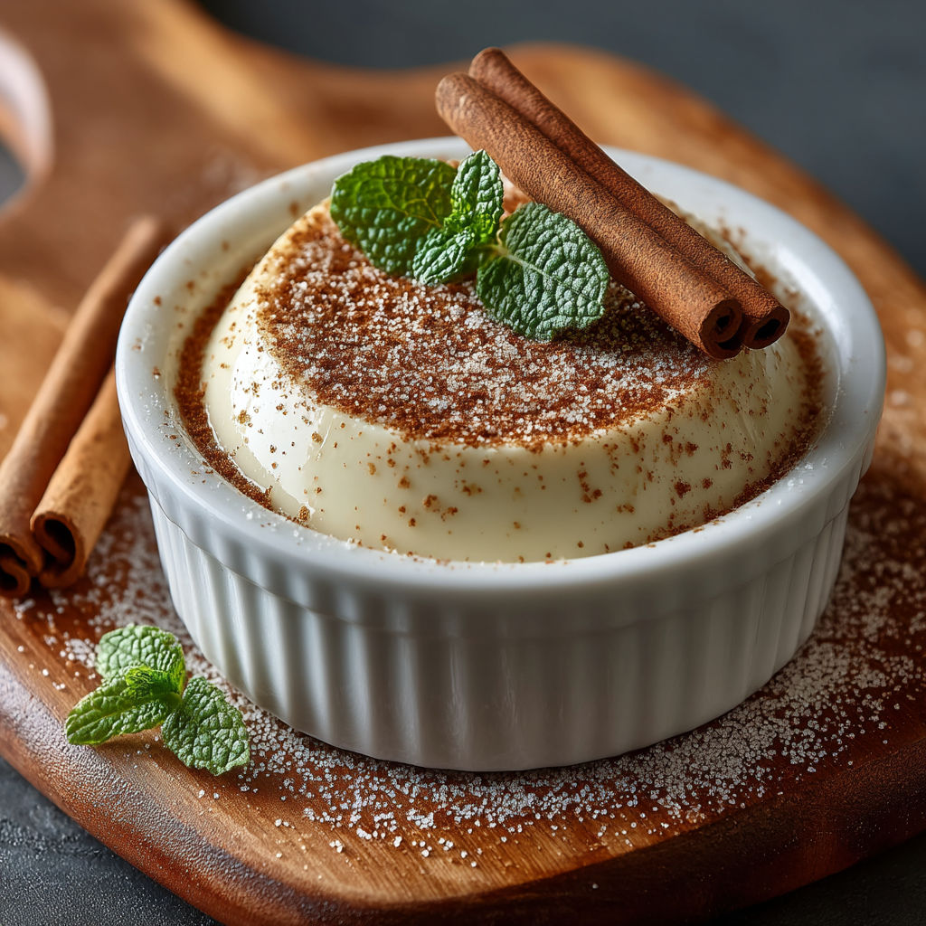 Une pannacotta au lait de coco et à la cannelle sur un plateau.