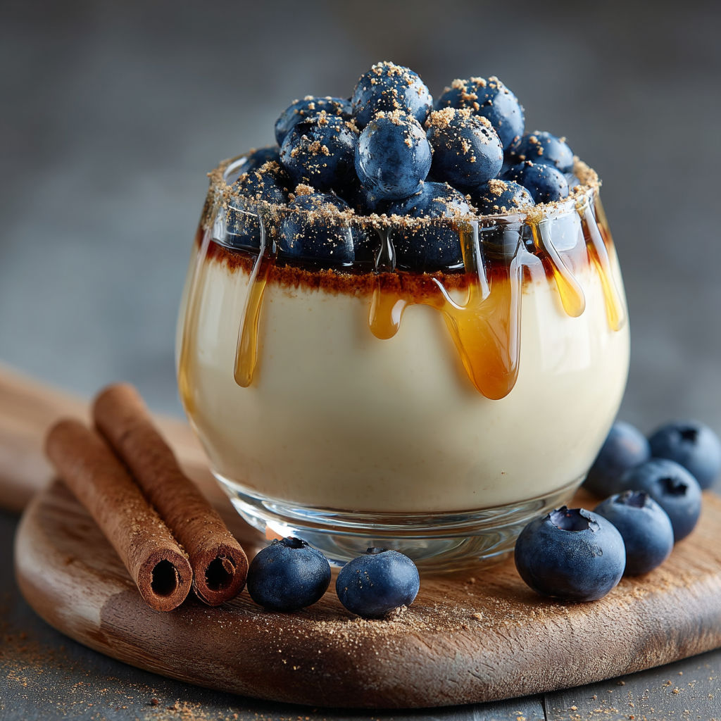 Pannacotta aux myrtilles, cannelle et sirop d'érable.