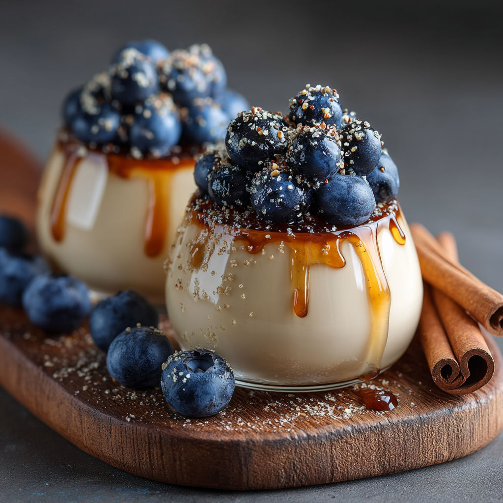 Pannacotta aux myrtilles, cannelle et sirop d'érable.