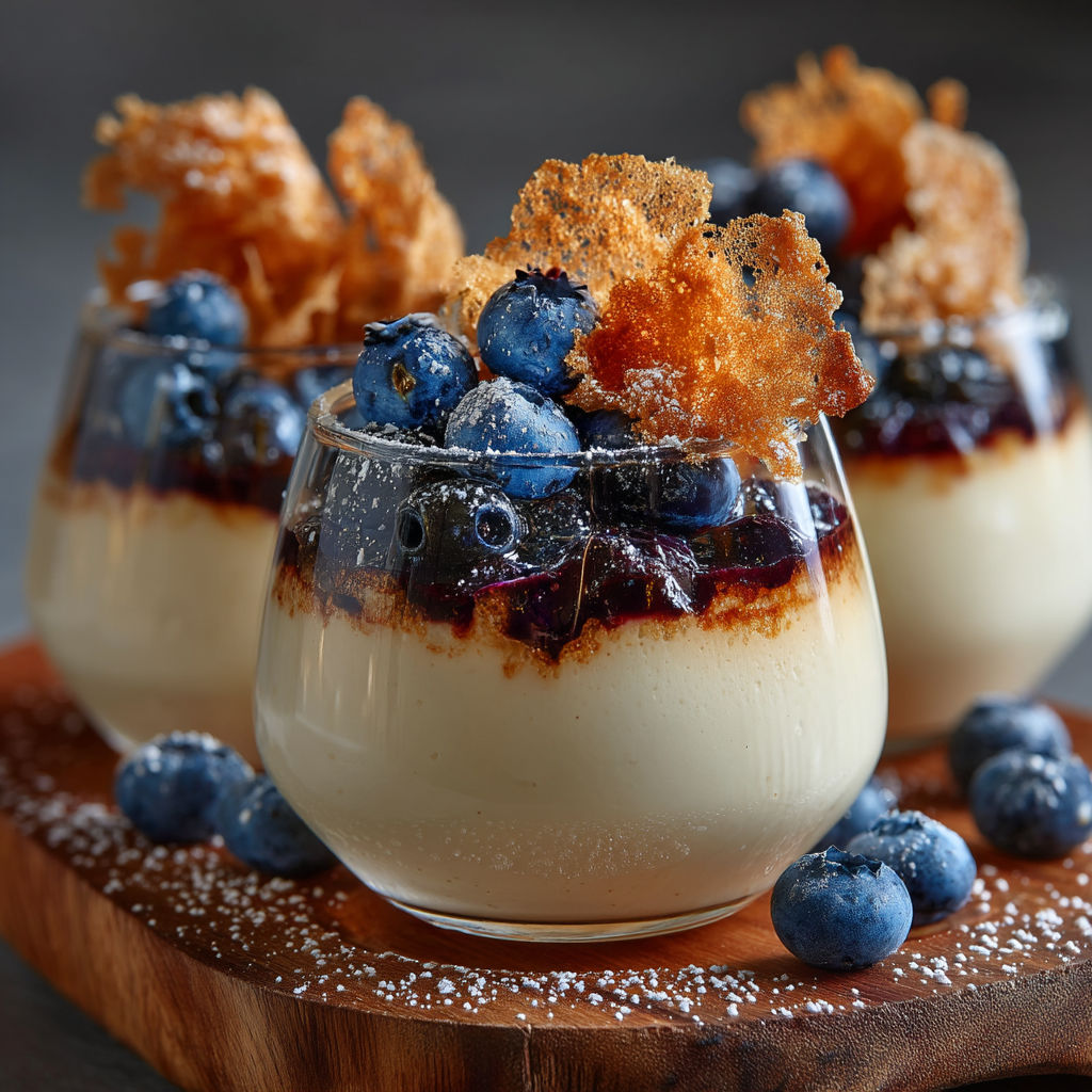 Pannacotta croustillantes, vanille et myrtilles.