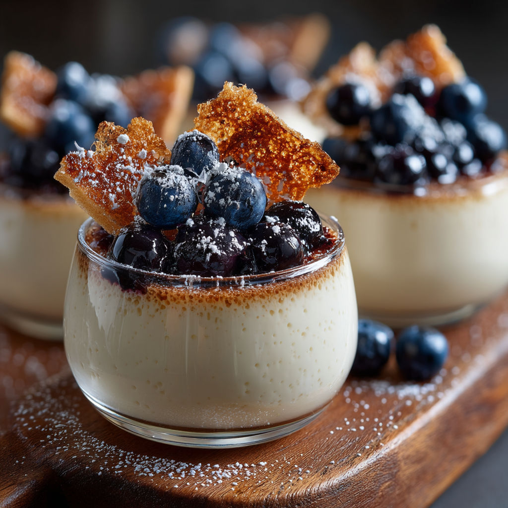 Pannacotta croustillantes, vanille et myrtilles.